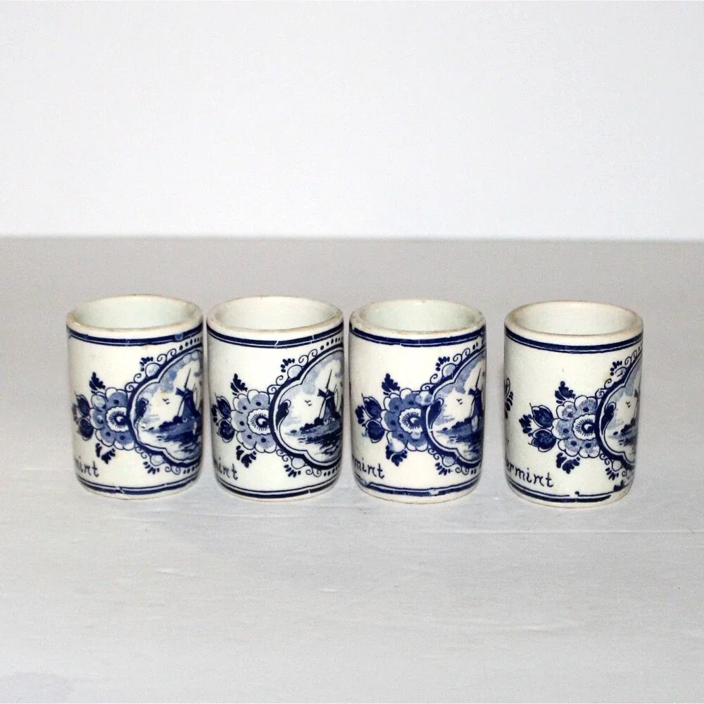 Vintage Vandermint Delft Ceramic Shot Glass Set of 4 Holland white blue